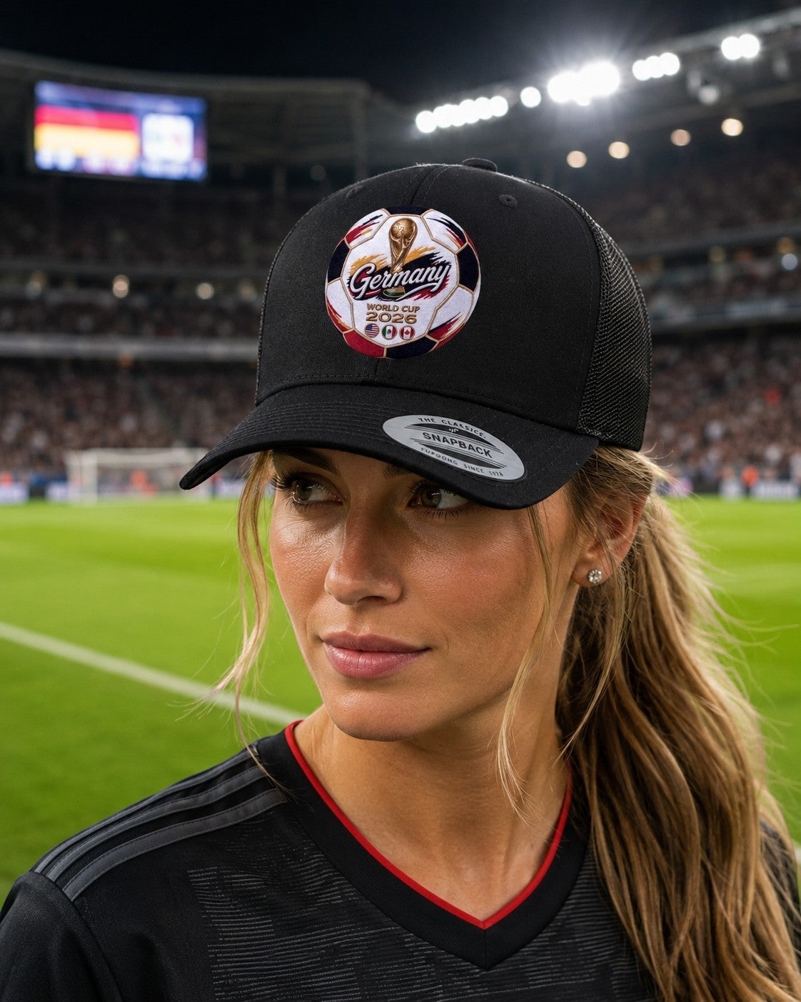 ColChiTex LLC black trucker hat with embroidered Germany World Cup 2026 soccer ball patch and mesh back