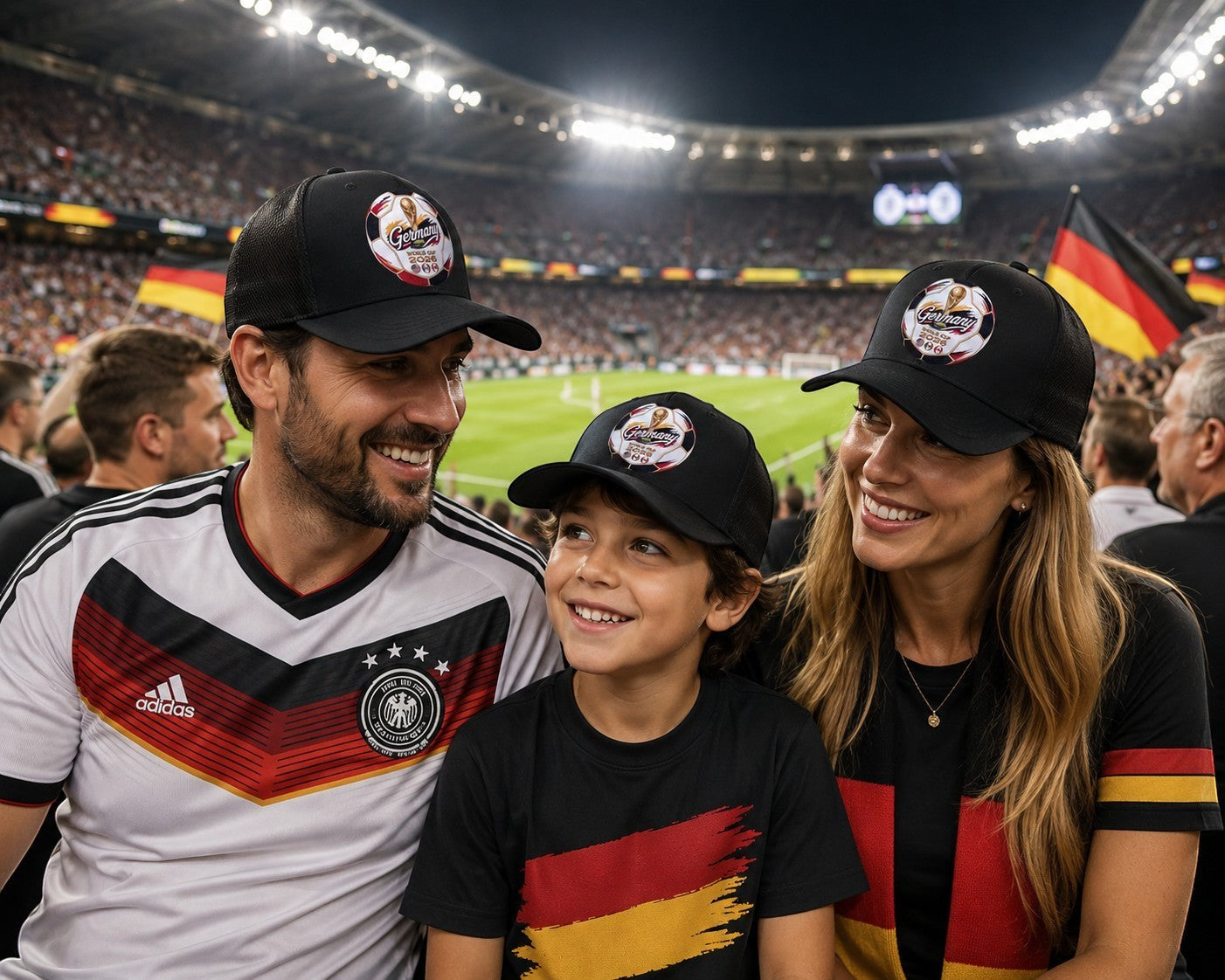 ColChiTex LLC black trucker hat with embroidered Germany World Cup 2026 soccer ball patch and mesh back.