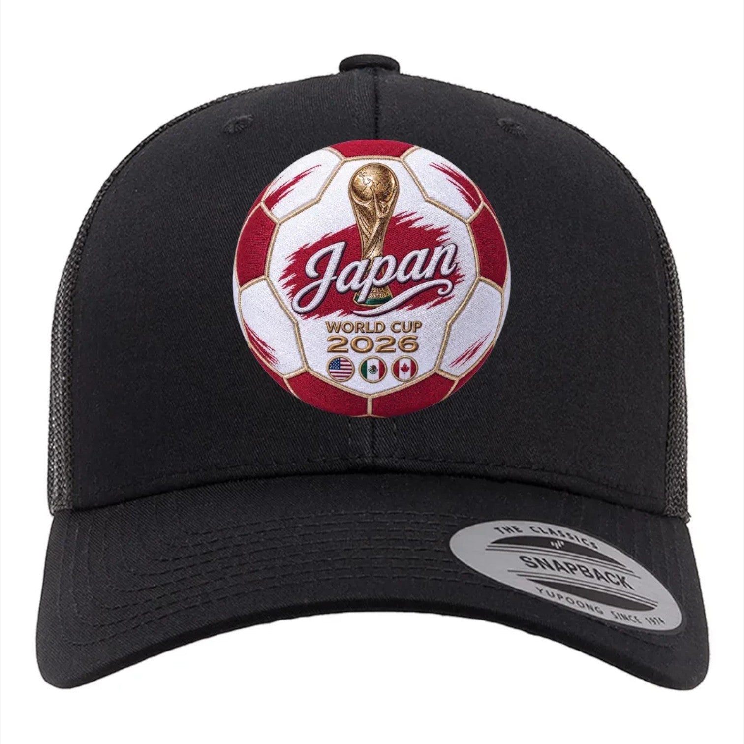 ColChiTex LLC black trucker hat with embroidered soccer ball patch featuring "Japan" and "WORLD CUP 2026" with host nation flags.