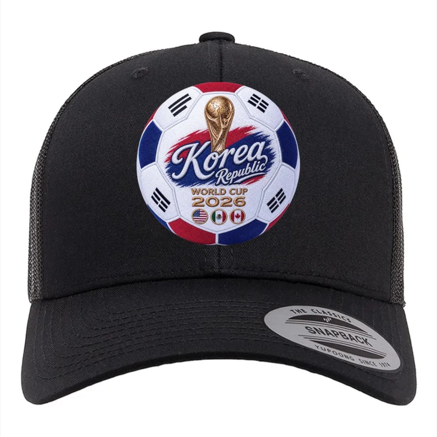 ColChiTex LLC black trucker hat with Korea Republic World Cup 2026 soccer ball graphic, trophy, and flags.