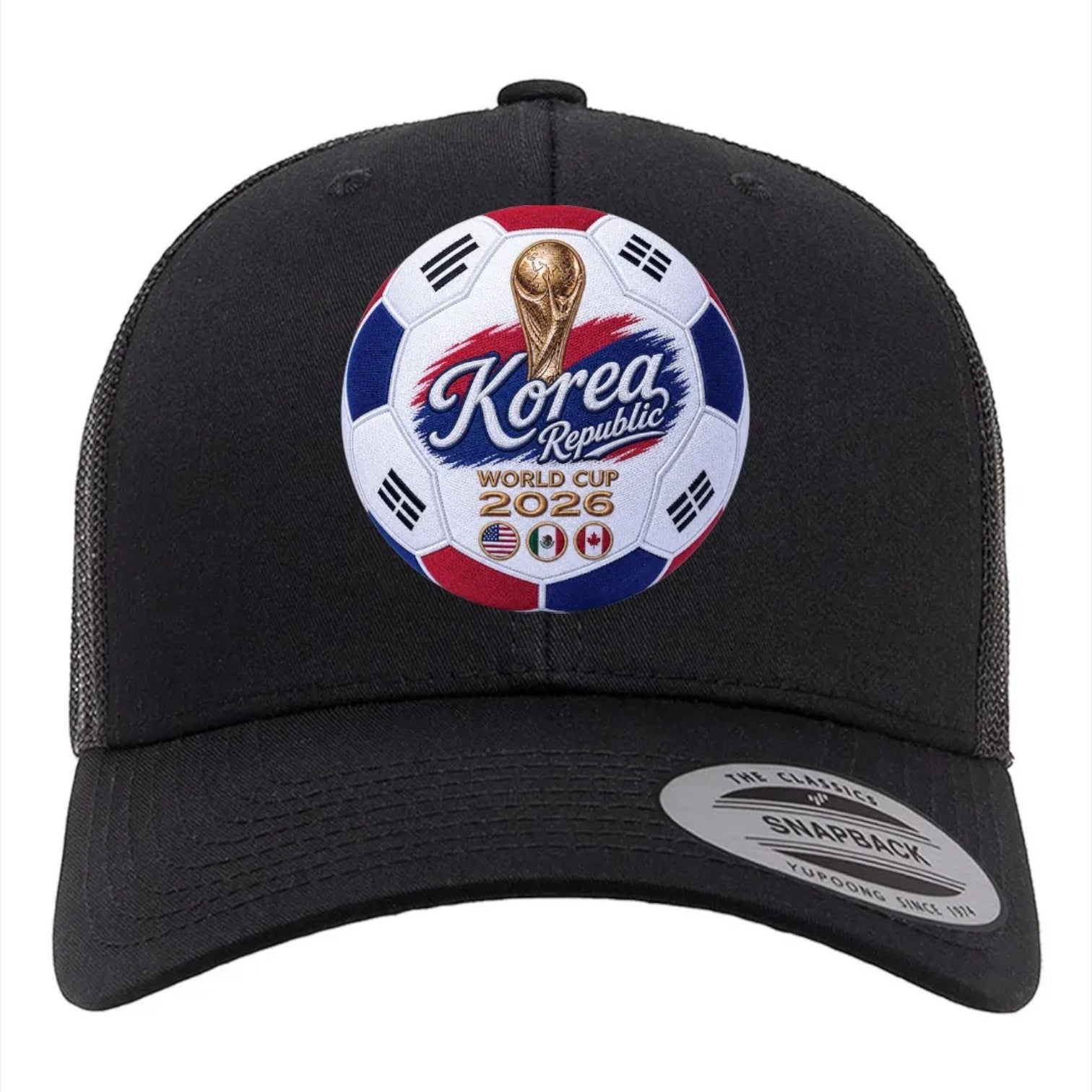 ColChiTex LLC black trucker hat with Korea Republic World Cup 2026 soccer ball graphic, trophy, and flags.