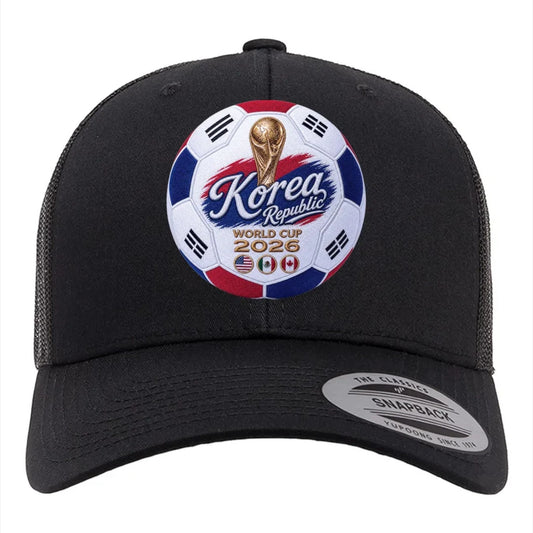 ColChiTex LLC black trucker hat with Korea Republic World Cup 2026 soccer ball graphic, trophy, and flags.