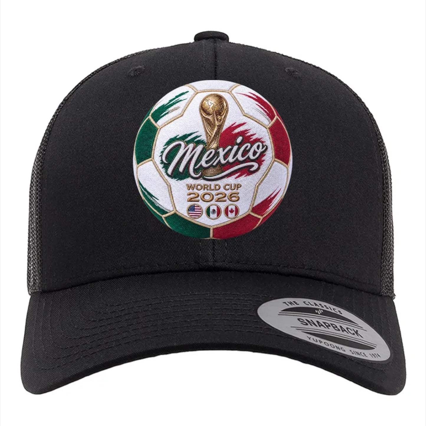 ColChiTex LLC black trucker hat with embroidered Mexico World Cup 2026 soccer ball design, trophy, and flags.