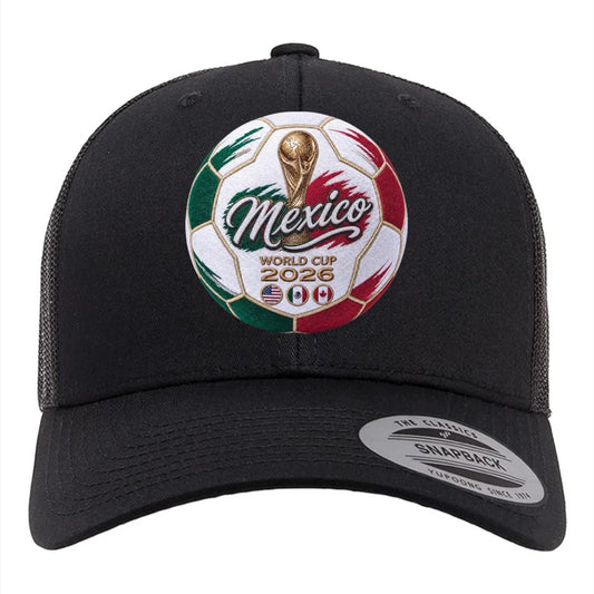 ColChiTex LLC black trucker hat with embroidered Mexico World Cup 2026 soccer ball design, trophy, and flags.