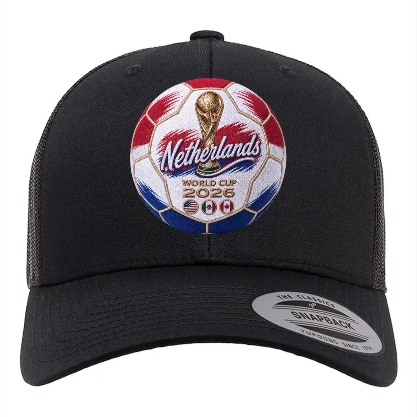 ColChiTex LLC black trucker hat with embroidered Netherlands World Cup 2026 soccer ball patch and mesh back.