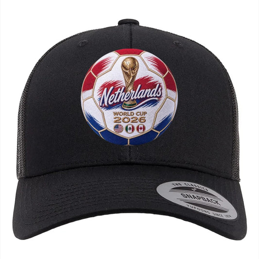 ColChiTex LLC black trucker hat with embroidered Netherlands World Cup 2026 soccer ball patch and mesh back.