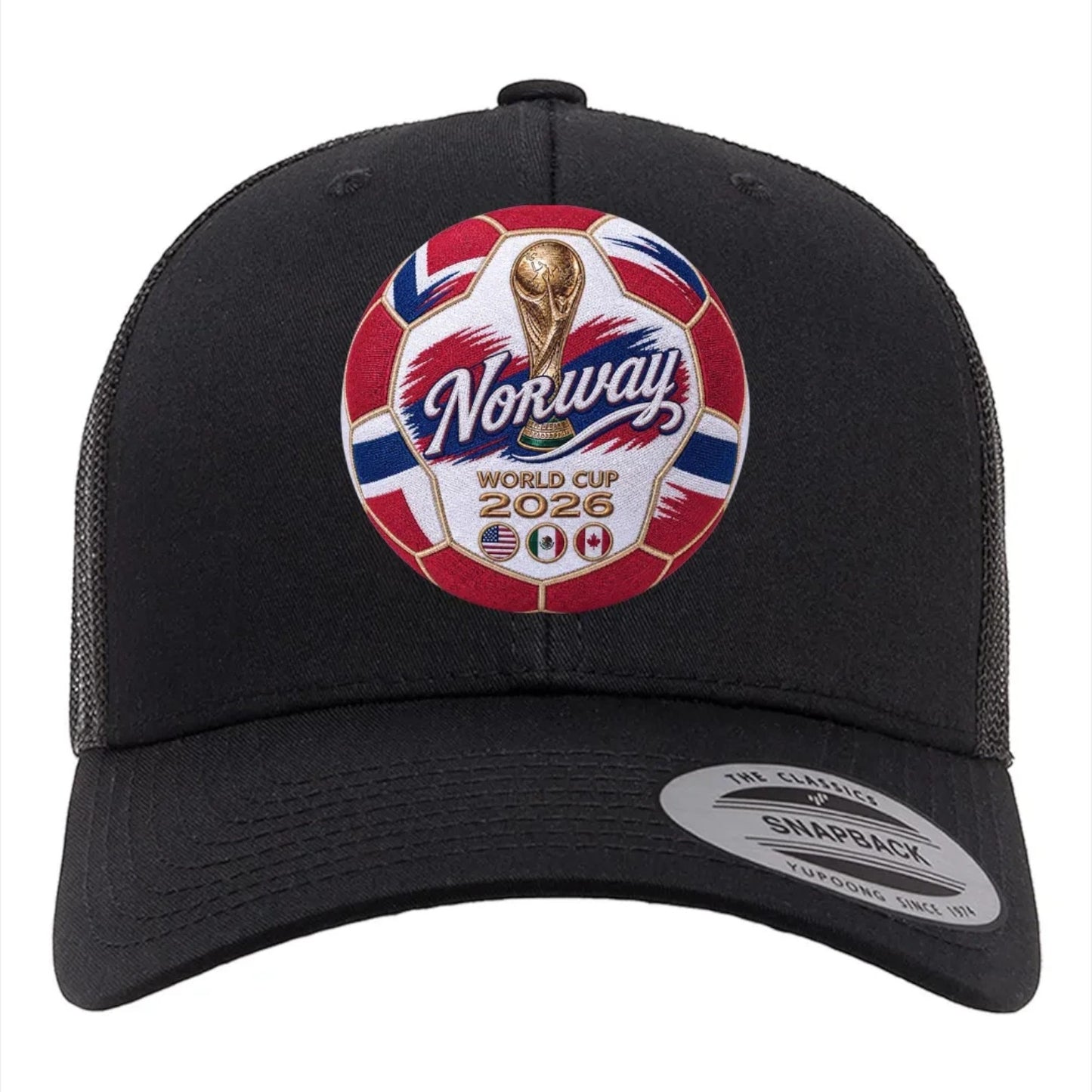 ColChiTex LLC black trucker hat with embroidered Norway World Cup 2026 soccer ball patch featuring trophy and host nation flags.