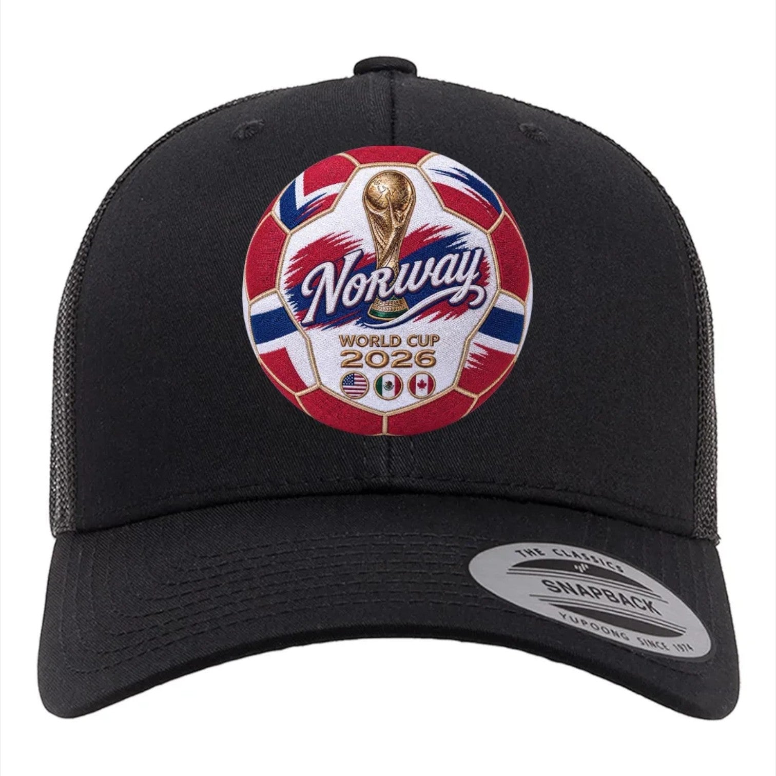 ColChiTex LLC black trucker hat with embroidered Norway World Cup 2026 soccer ball patch featuring trophy and host nation flags.