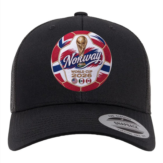 ColChiTex LLC black trucker hat with embroidered Norway World Cup 2026 soccer ball patch featuring trophy and host nation flags.
