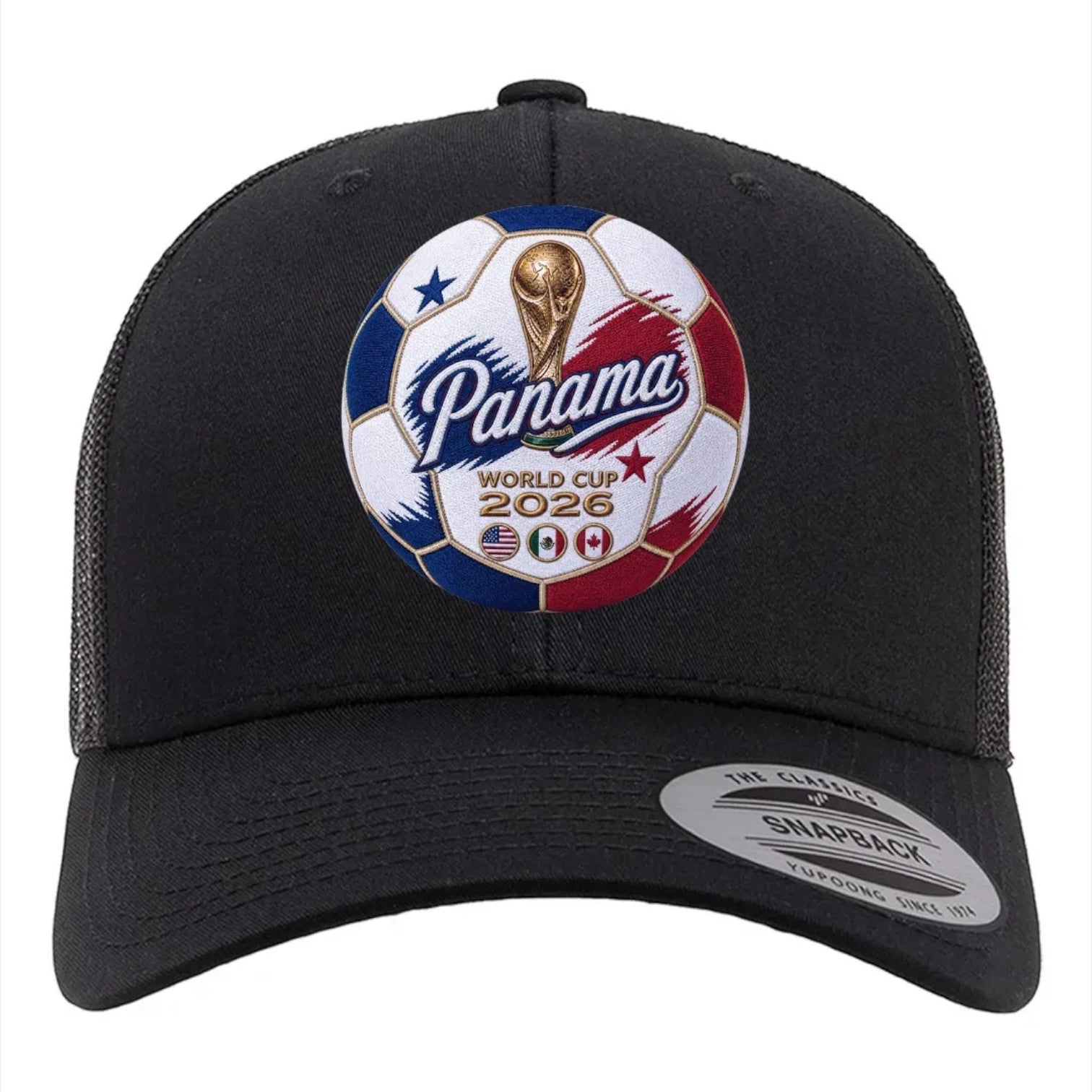 ColChiTex LLC black trucker hat with embroidered Panama World Cup 2026 soccer ball patch and mesh back.