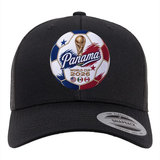 ColChiTex LLC black trucker hat with embroidered Panama World Cup 2026 soccer ball patch and mesh back.