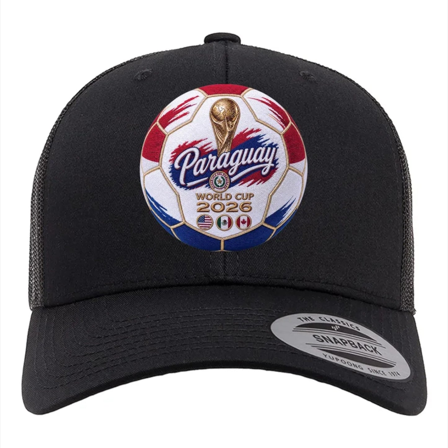 ColChiTex LLC black trucker hat with embroidered Paraguay World Cup 2026 soccer ball patch and mesh back.