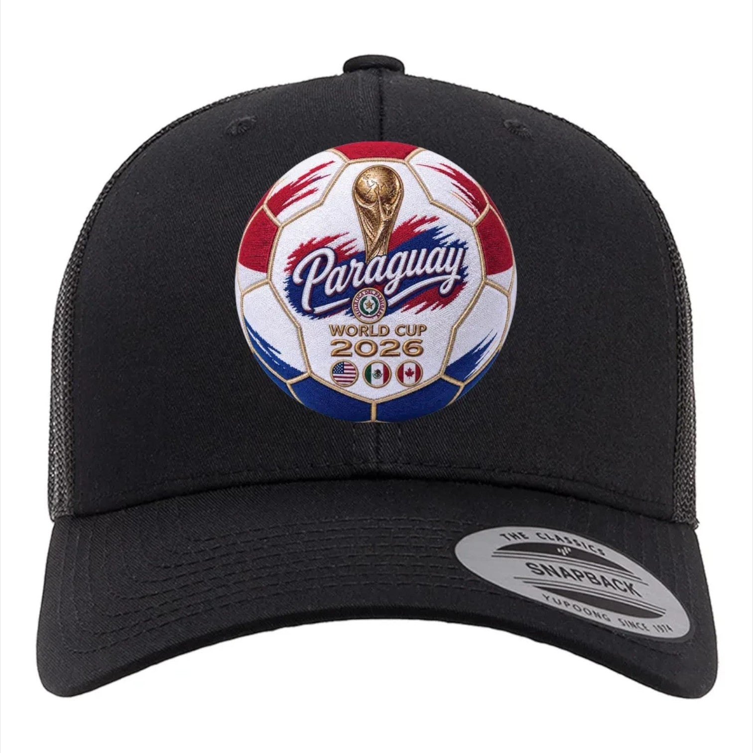 ColChiTex LLC black trucker hat with embroidered Paraguay World Cup 2026 soccer ball patch and mesh back.