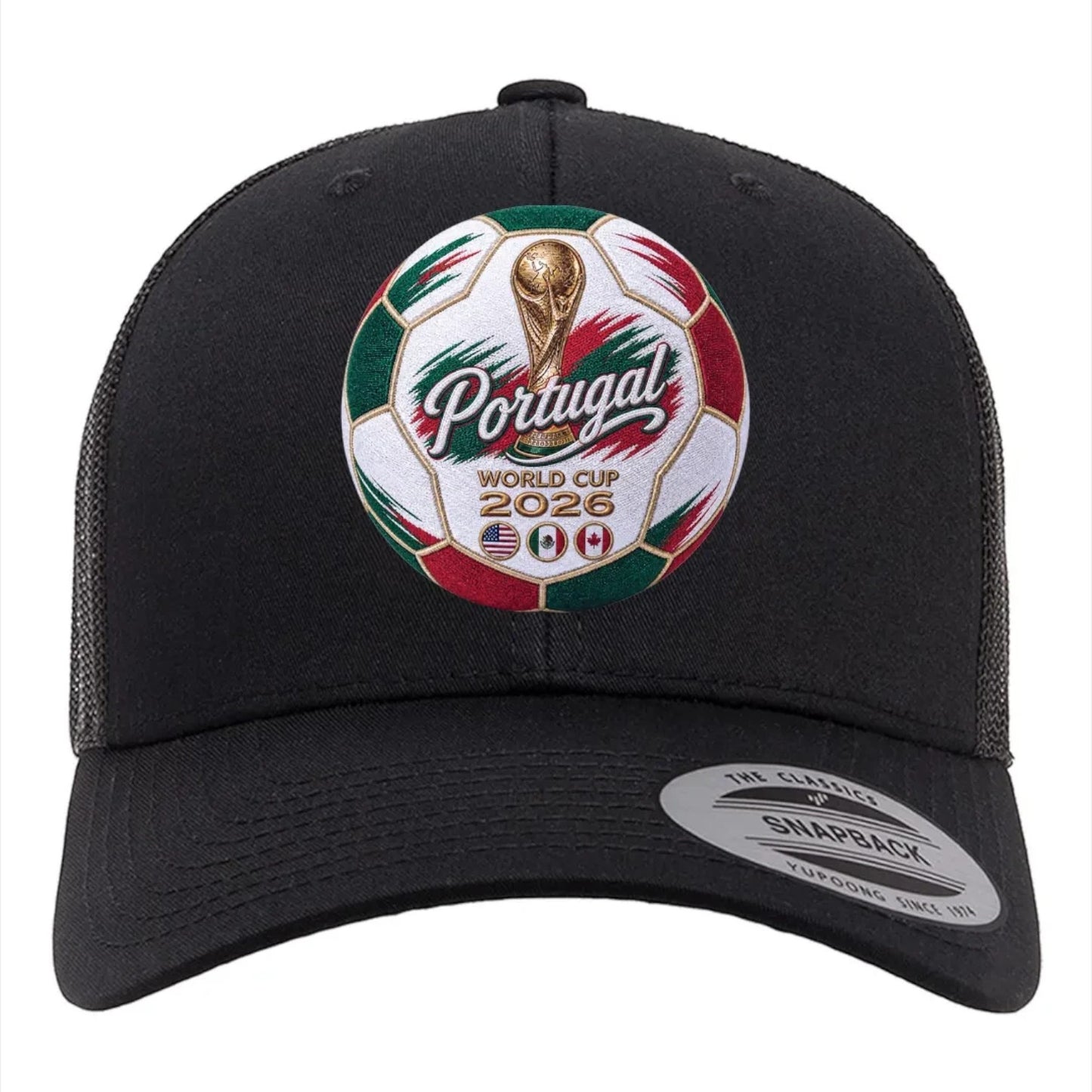 ColChiTex LLC black trucker hat with Portugal World Cup 2026 soccer ball graphic featuring trophy and host nation flags.