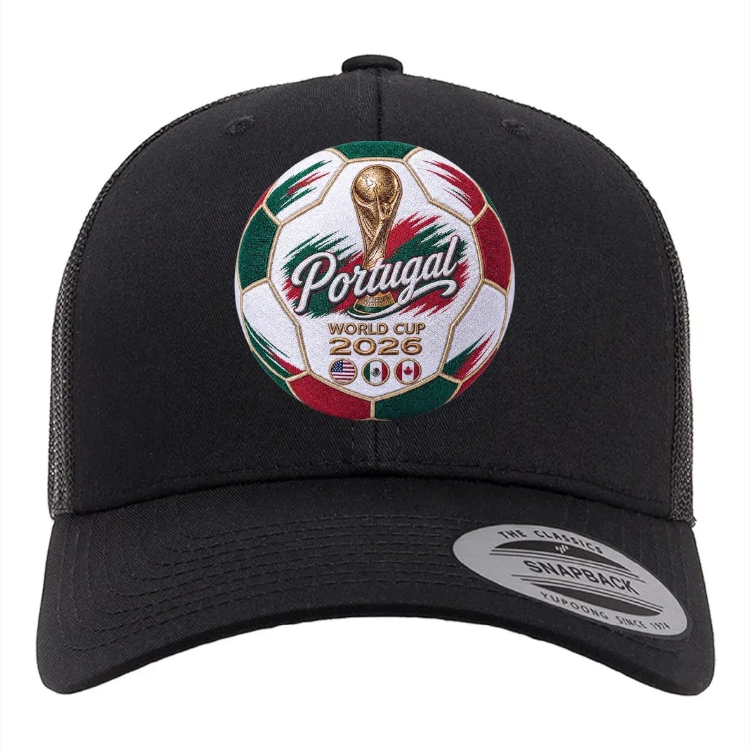 ColChiTex LLC black trucker hat with Portugal World Cup 2026 soccer ball graphic featuring trophy and host nation flags.