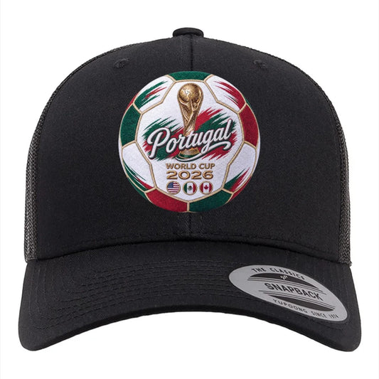 ColChiTex LLC black trucker hat with Portugal World Cup 2026 soccer ball graphic featuring trophy and host nation flags.