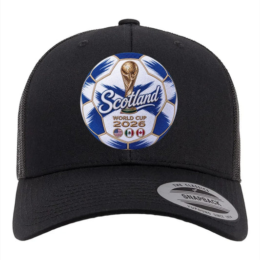 ColChiTex LLC black trucker hat with Scotland World Cup 2026 soccer ball patch and mesh back.
