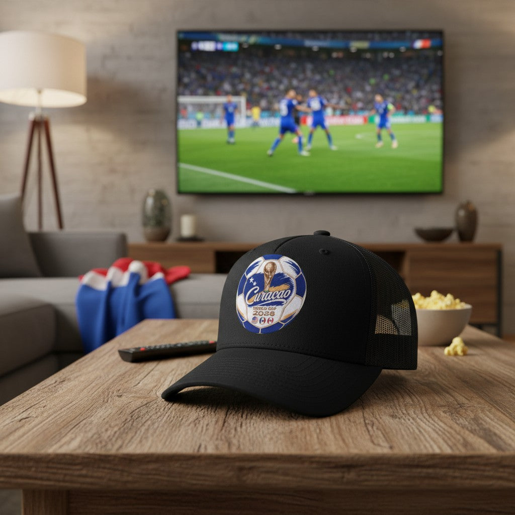 Black trucker hat with embroidered patch featuring a soccer ball, "Curacao", "World Cup 2026", and host nation flags. Mesh back and curved brim.